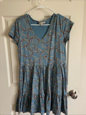 Toad&Co Blue Floral Tiered Dress with Red and Cream Accents